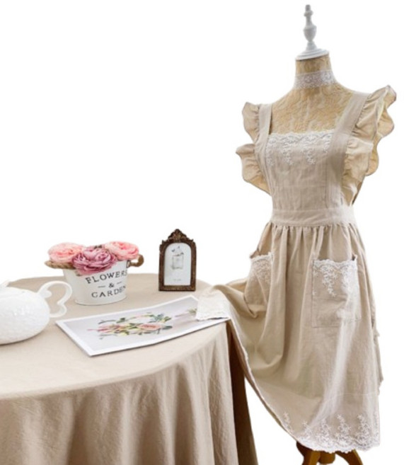 헤세이 여성용 레이스 코튼 플로럴 원피스 앞치마, 베이지, 1개