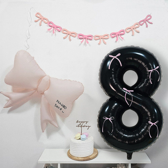 OLIVEPARTY 粉彩緞帶芭蕾風黑色數字8字母氣球生日派對用品組, 粉紅色, 1套