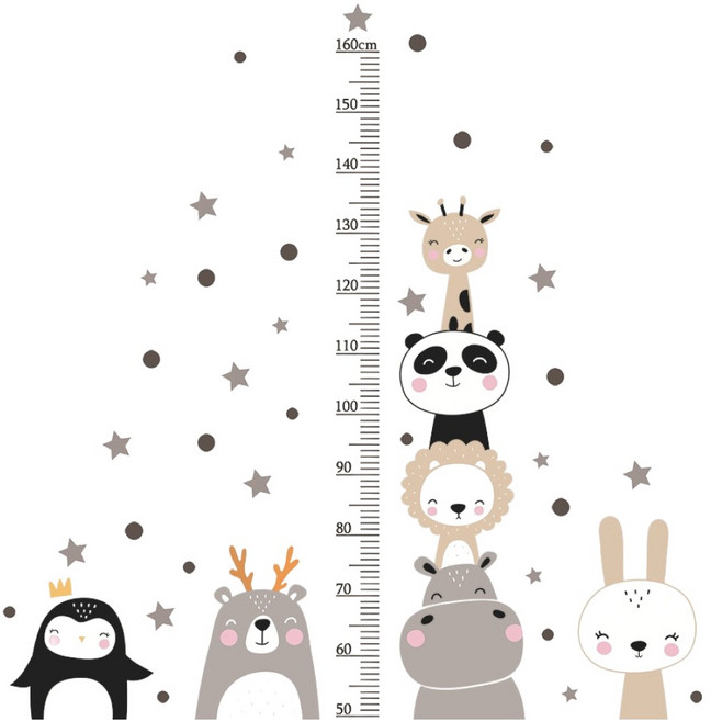이소온 귀여운 동물 키재기 벽 스티커, 혼합색상