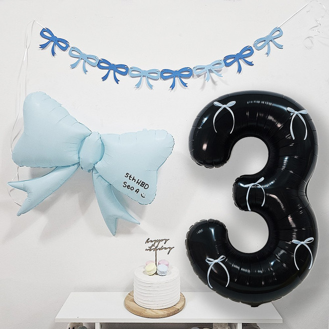OLIVEPARTY 粉彩蝴蝶結芭蕾風黑色數字3字母氣球生日派對用品組, 藍色數字3, 1套