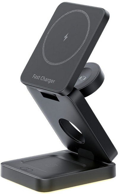 MCK 科技 折疊式三合一旅行磁吸無線充電座, 1個, 黑色