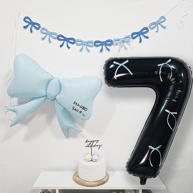 OLIVEPARTY 粉彩蝴蝶結芭蕾風黑色數字7字母氣球生日派對用品組, 藍色, 1套