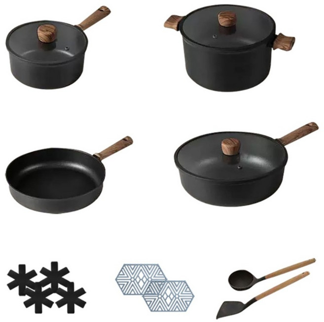ANDY MAY2 韓匠不沾鍋輕量鈦複合鍋 4鍋15件組, 20cm奶鍋加蓋 + 24cm湯鍋加蓋 + 24cm煎鍋 + 28cm深煎鍋加蓋 + 隔熱墊 4個 + 湯勺 + 鍋鏟 + 大六角隔熱墊 2個, 1套, 黑色