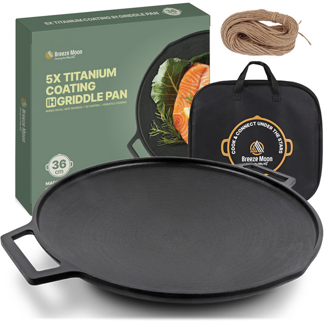 브리즈문 티타늄 5중코팅 인덕션 겸용 통주물 캠핑 그리들 팬 36cm + 전용가방 세트, 블랙, 1세트