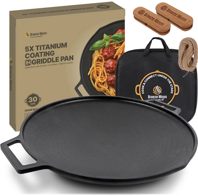 브리즈문 티타늄 5중코팅 인덕션 겸용 통주물 캠핑 그리들 팬 30cm + 전용가방 + 우드손잡이 세트, 블랙, 1세트