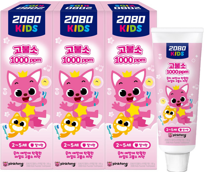 2080 키즈 핑크퐁 마일드 고불소 치약 딸기향, 80g, 3개