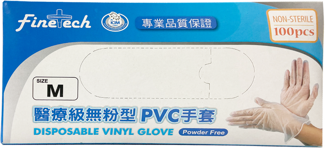 Finetech 釩泰 醫療級無粉型PVC手套 未滅菌 M 100入, 1盒