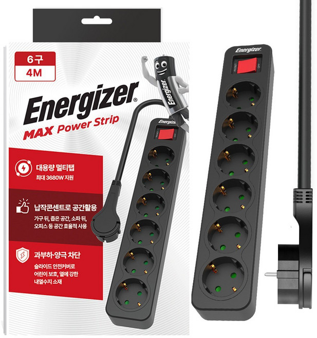 에너자이저 과부하차단 고용량 3680W 멀티탭 6구, 4m, 블랙, 1개