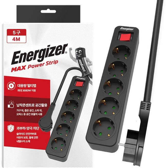 에너자이저 과부하차단 고용량 3680W 납작 멀티탭 5구, 4m, 블랙, 1개