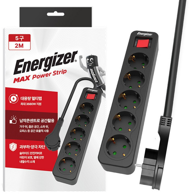 에너자이저 과부하차단 고용량 3680W 멀티탭 5구, 2m, 블랙, 1개