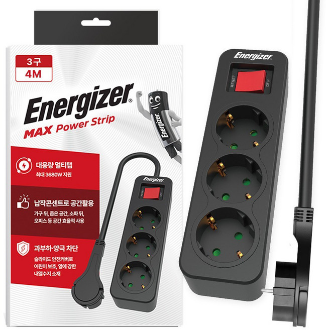 에너자이저 과부하차단 고용량 3680W 납작 멀티탭 3구, 4m, 블랙, 1개