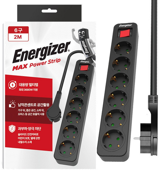 에너자이저 과부하차단 고용량 3680W 멀티탭 6구, 2m, 블랙, 1개