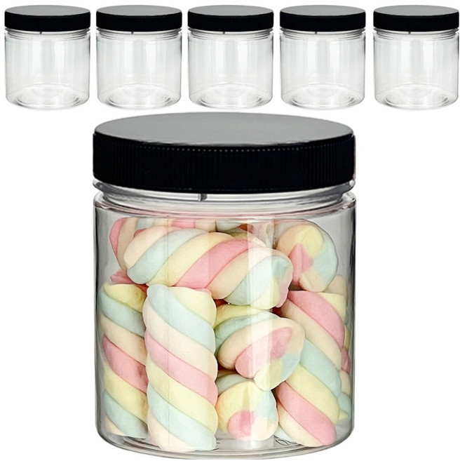 미르코리아 팜스 원형 입구넓은 투명 플라스틱 밀폐용기 블랙, 6개, 400ml