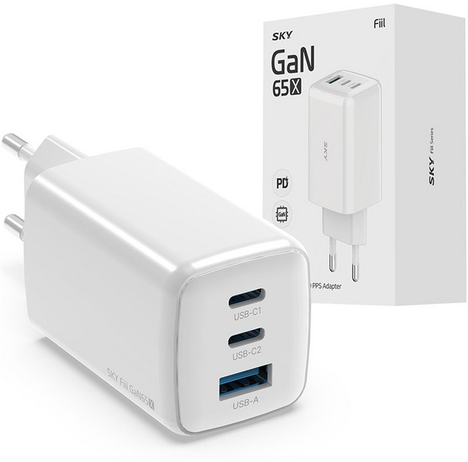 SKY 필 GaN 65X 65W 4세대 초미니 3포트 충전기, 화이트