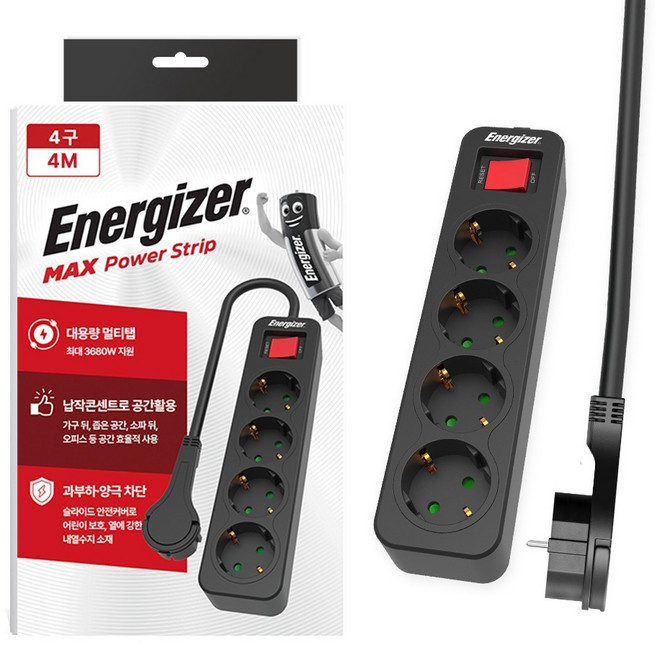 에너자이저 과부하차단 고용량 3680W 멀티탭 4구, 4m, 블랙, 1개