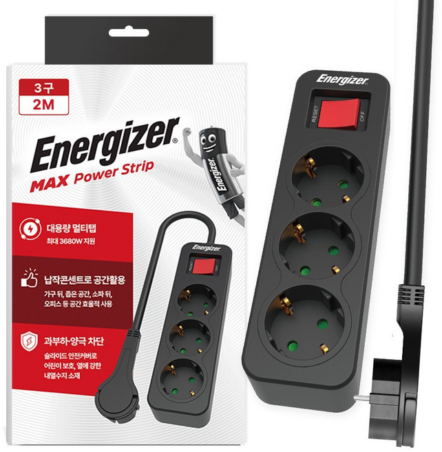 에너자이저 과부하차단 고용량 3680W 멀티탭 3구, 2m, 블랙, 1개