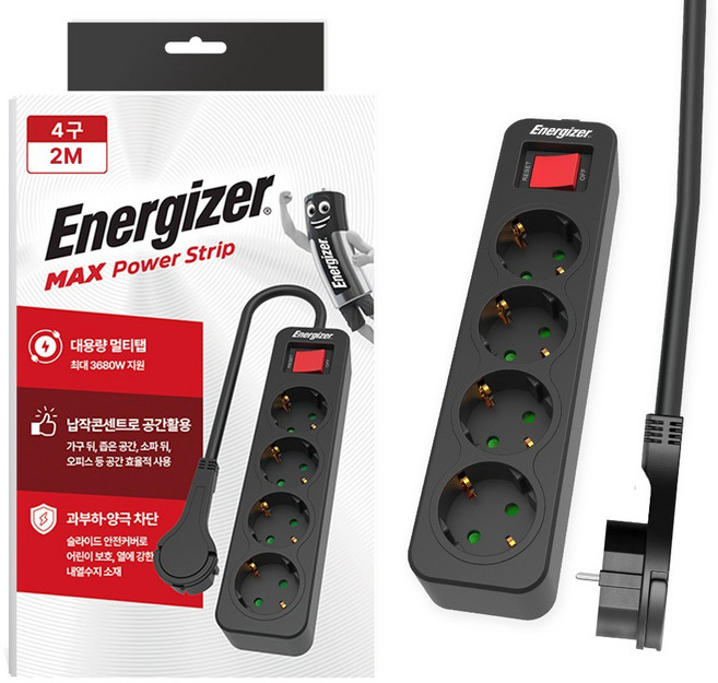 에너자이저 과부하차단 고용량 3680W 멀티탭 4구, 2m, 블랙, 1개