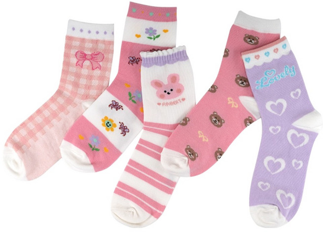 아이뿜 아동용 핑크 러블리 바니 양말 5켤레 세트 B12