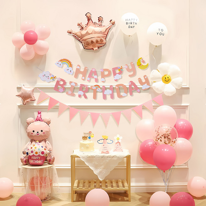 소아르 생일축하 풍선 장식 세트, 핑크, 1세트