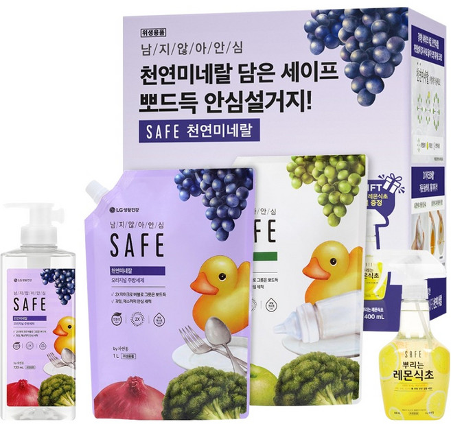세이프 미네랄 주방세제 오리지널 본품 720ml + 리필 1L + 마일드 리필 1L + 뿌리는 레몬식초 400ml 세트, 1세트
