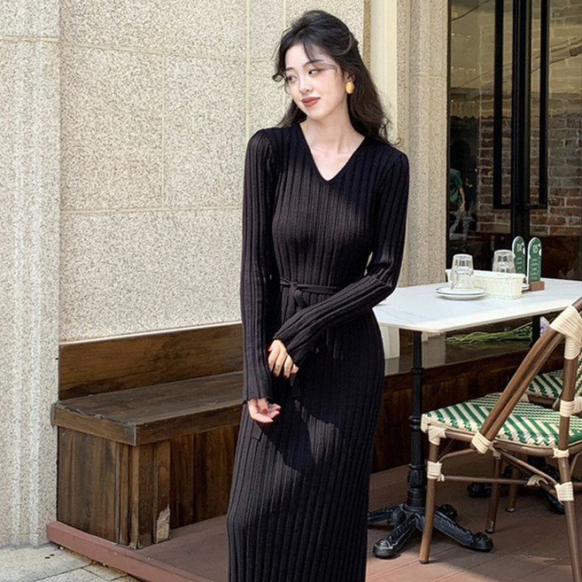 POPLARNC 女款 Lanieni V領針織長洋裝 P25WOPS091127, 黑色