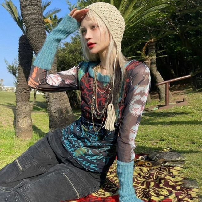 피어니스트 여성용 멀티컬러 시스루 레이어드 티셔츠