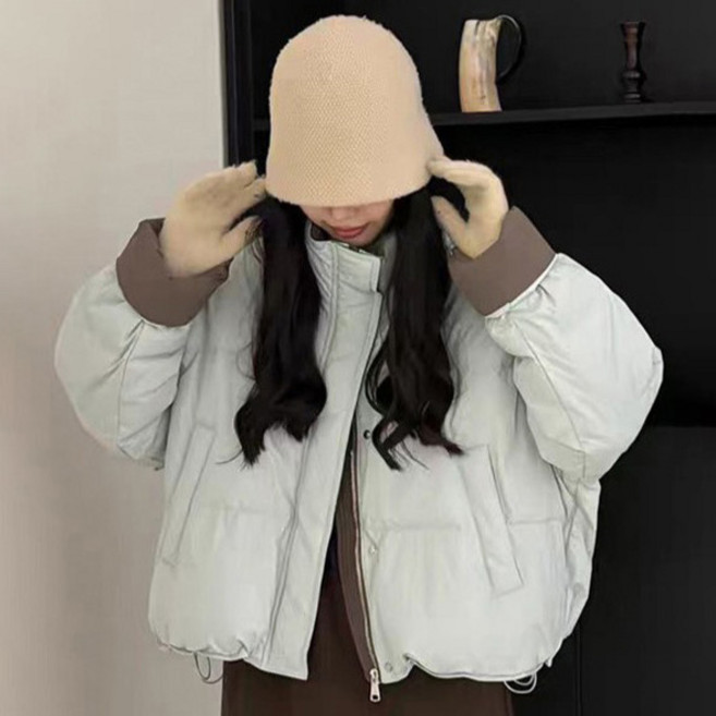 Fashion Flow 女款撞色寬鬆短版高領冬季鋪棉外套