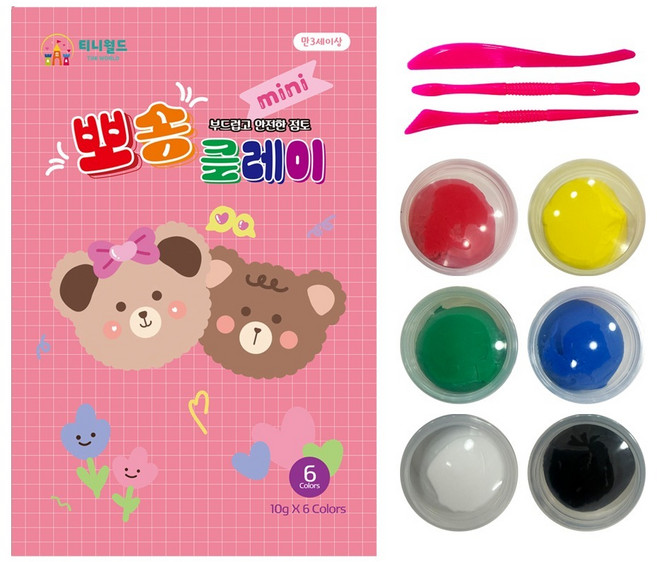 티니월드 뽀송 클레이 미니 6종 세트, 빨강, 노랑, 하양, 초록, 파랑, 검정, 177g, 1세트