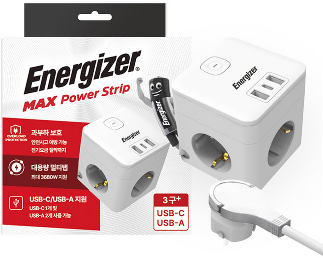 에너자이저 큐브 디자인 4000W 고용량 납작플러그 멀티탭 3구 USB-A 2구 C타입 1구, 1.5m, 흰색, 1개