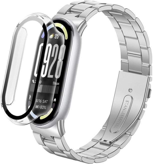 스페이스쉴드 스틸 스트랩 + 올인원 PC 강화유리 케이스 세트, 실버 + 투명, 1세트