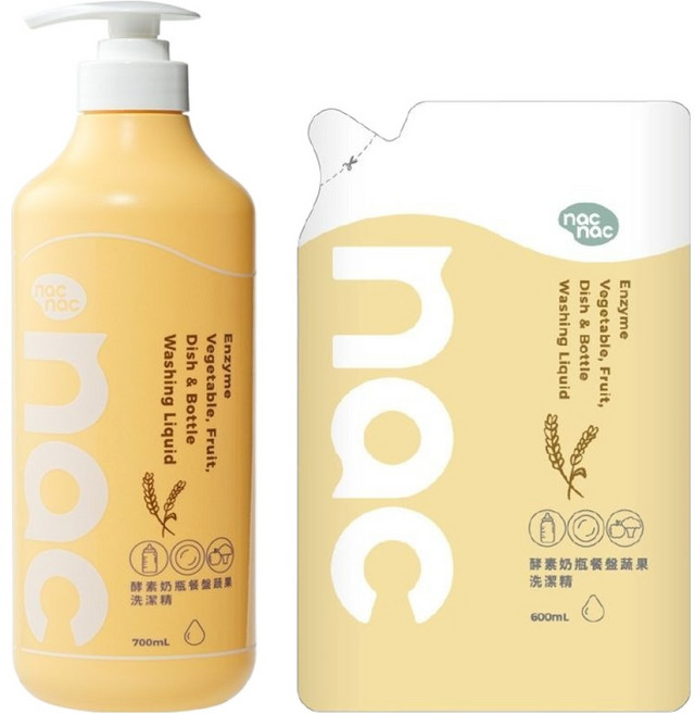 nac nac 酵素奶瓶餐盤蔬果洗潔精 700ml + 補充包 600ml, 1組
