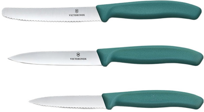 VICTORINOX 瑞士維氏 經典波浪刀 8cm + 直刃刀 10cm + 水果刀 11cm 套組 綠色 6.7114.34C1, 1套, 波浪刀 + 直刃刀 + 水果刀