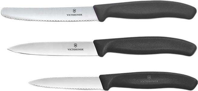 VICTORINOX 瑞士維氏 經典波浪刀 8cm + 直刃刀 10cm + 水果刀 11cm 套組 黑色 6.7113.34, 1套, 波浪刀 + 直刃刀 + 水果刀