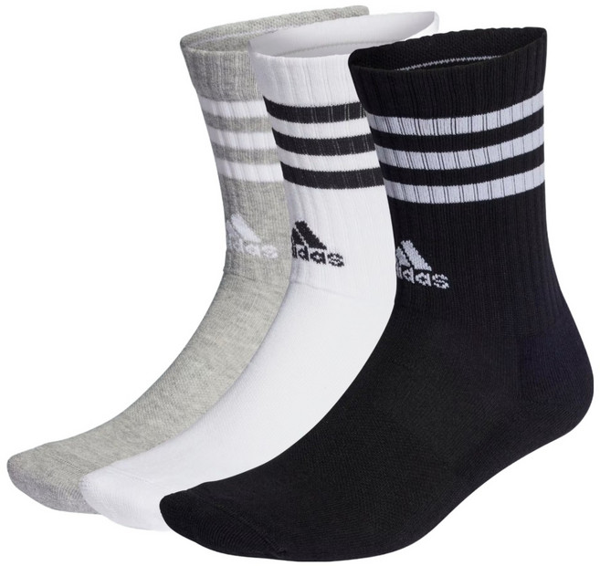 adidas 愛迪達 3S 緩震中筒襪 IC132 3入, 3個, 中灰色麻花, 白色, 黑色
