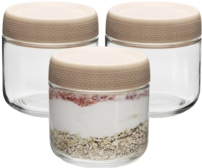 미르코리아 오나오 코코 샐러드 밀폐 스태커블 뚜껑 유리병 베이지, 3개, 300ml