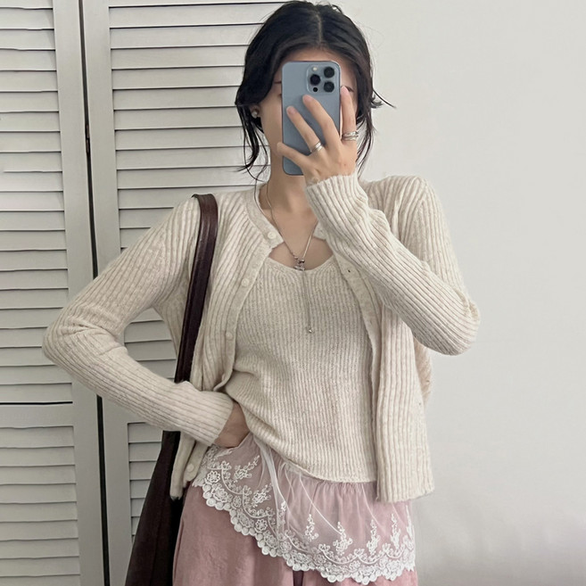 세컨핑크 여성용 레이스 레이어드 울 혼방 니트 가디건 + 나시 세트 50512