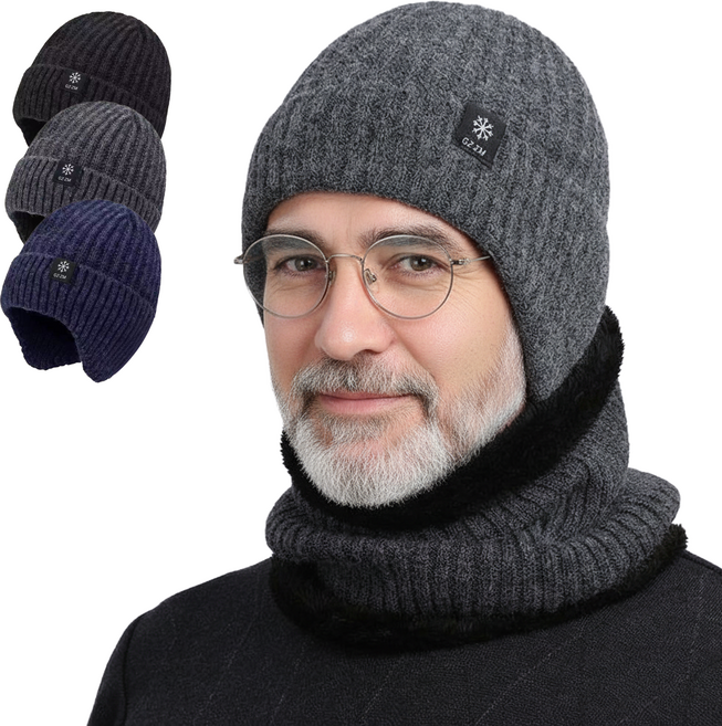 모인스포츠 아웃도어용 귀덮개 니트 비니 3종 세트, 딥그레이, 그레이, 네이비, 1세트