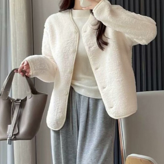 라라티나 여성용 라운드넥 뽀글이 자켓