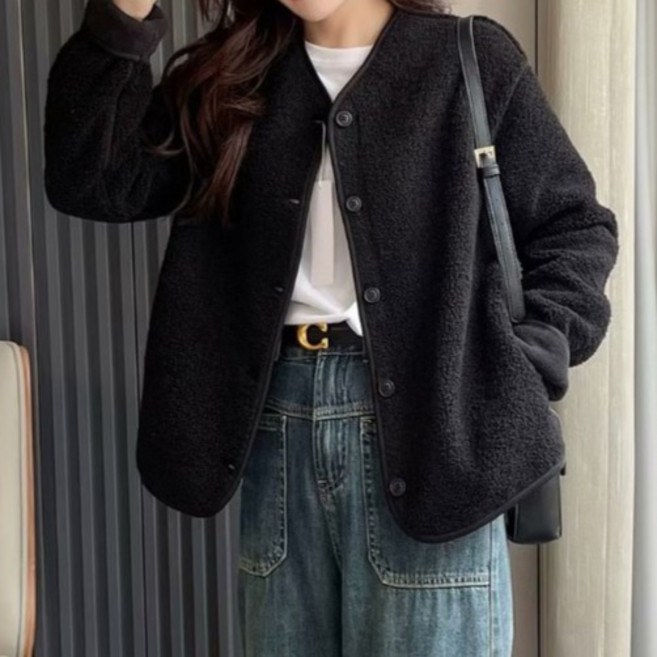 라라티나 여성용 라운드넥 뽀글이 자켓