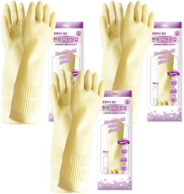한우 튼튼하고 질긴 밴드형 주방용 키친 롱 고무장갑, 3세트, 중(M), 아이보리