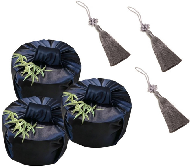 마메 고급 실크 보자기 + 노리개 세트, 네이비 + 그레이, 3세트