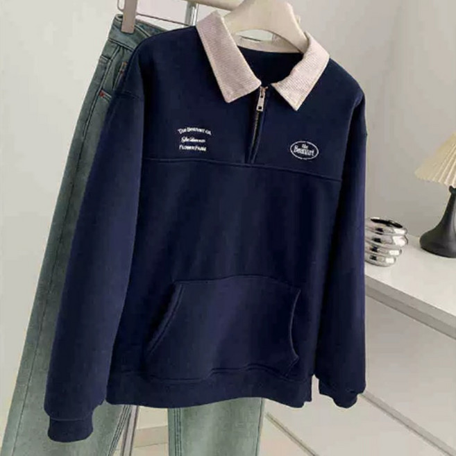 알로데 여성용 자수 맨투맨 반집업