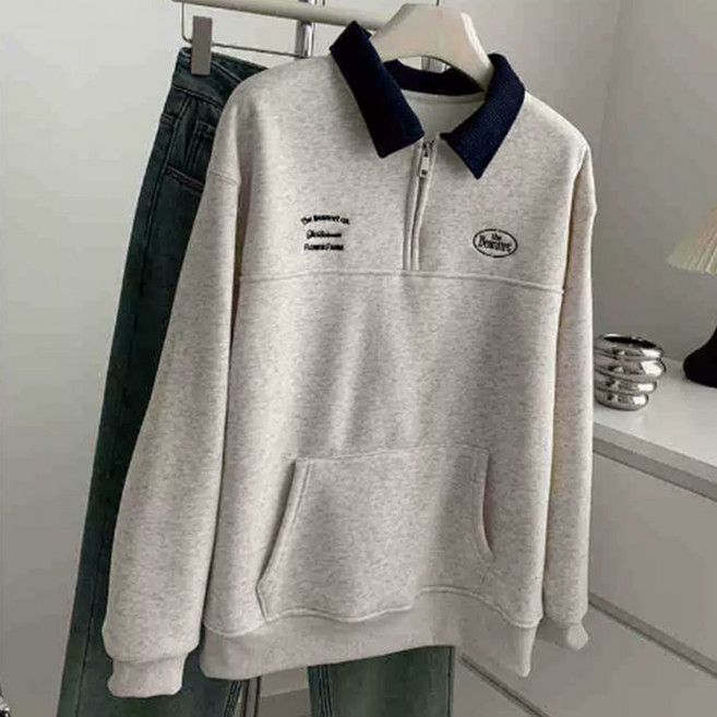 Allode 女款刺繡大學T半拉鍊