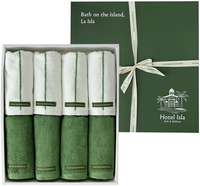 호텔이슬라 프리미엄 코튼 고중량 호텔수건 210g 40수 면사 8p 세트 + 선물포장, 이슬라그린 스트라이프, 이슬라그린 솔리드, 1세트