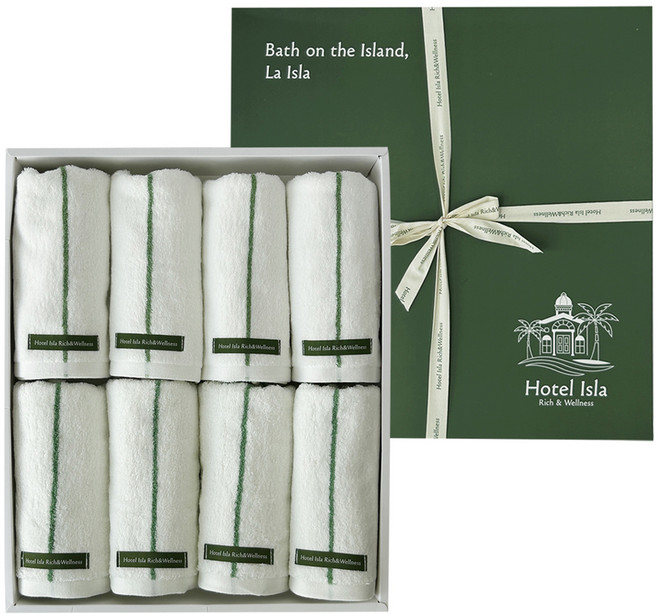 호텔이슬라 프리미엄 코튼 고중량 호텔수건 210g 40수 면사 8p 세트 + 선물포장, 이슬라그린 스트라이프, 1세트