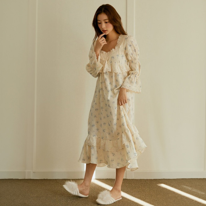 루나루즈 여성용 네롤리 요루이중거즈 원피스 긴소매라운드넥 잠옷