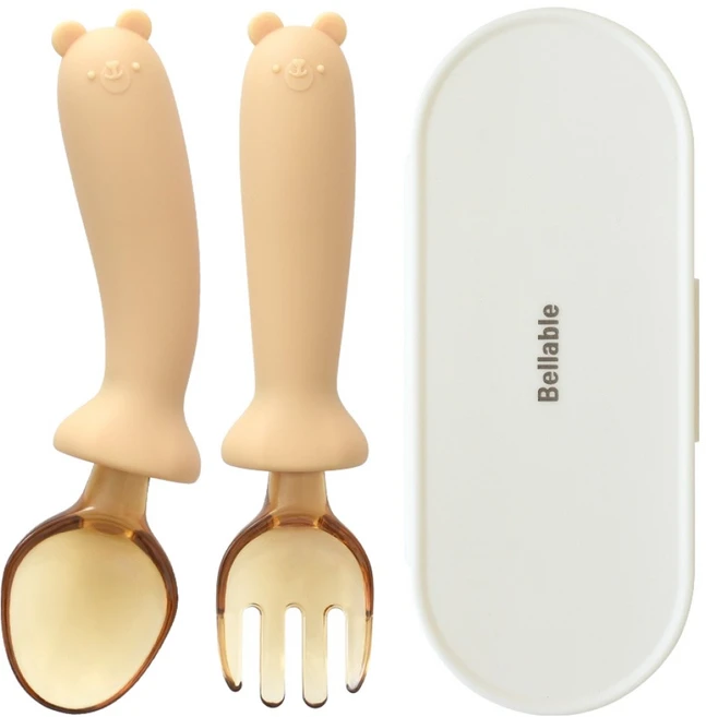 벨라블 유아용 고미 실리콘 휘어지는 자기주도 스푼 + 포크 + 케이스 세트, MUSTARD(스푼, 포크), 1세트 - 쿠팡