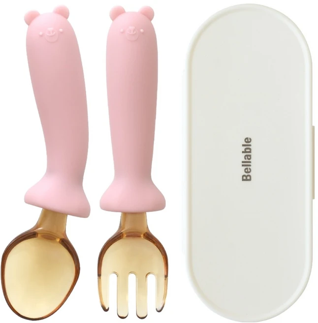 벨라블 유아용 고미 실리콘 휘어지는 자기주도 스푼 + 포크 + 케이스 세트, PINK(스푼, 포크), 1세트 - 쿠팡