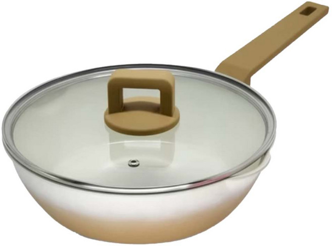 mama cook 媽媽廚 馬卡龍漸層繽紛鈦陶瓷煎炒鍋 棕梠咖, 1個, 24cm