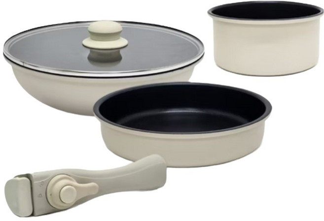 mama cook 媽媽廚 Cook 冒險家系列 可拆把手露營居家兩用鍋具 5件組, 1套, 26公分炒鍋 + 20公分平煎鍋 + 16公分奶鍋 + 26公分平蓋 + 把手, 白色